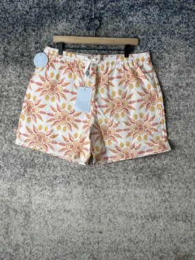 Hill House Shorts Mens Large White Floral Drawstring Swim Trunks Beach Cotton
